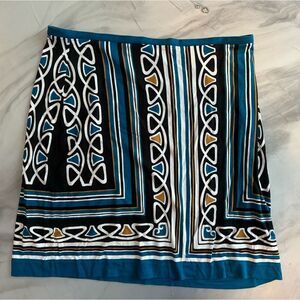 ANN TAYLOR LOFT Scarf Print Skirt Black Tan Teal Blue 8